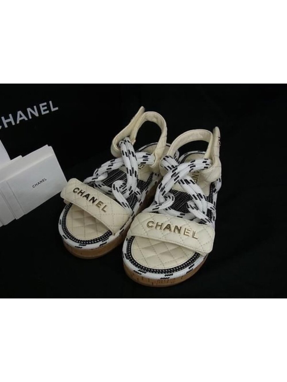 Chanel CC Logo Quilted Leather Sandals Shoes Ivory Black